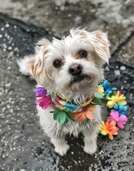 Wall Mural - photo of white mixed breed dog wearing rainbow bandana and leis, standing on street corner in the rain after parade, looking up at camera, cute