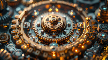 Wall Mural - A close up of a large, intricate clock with many gears. The clock is made of metal and has a shiny, metallic appearance. The gears are all different sizes and are arranged in a circular pattern