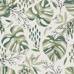 Wall Mural - seamless pattern with green tropical plants and leaves. floral seamless vector tropical pattern back