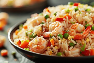 A bowl of rice with shrimp and vegetables