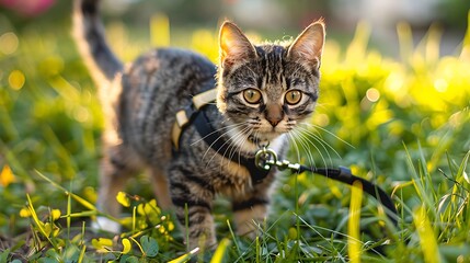 Sticker - a cute cat with a harness on grass