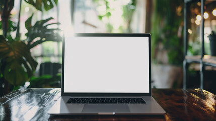Wall Mural - laptop mockup laptop on the table with blank white screen for mockup branding advertising advertisem
