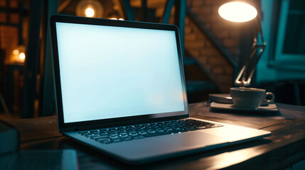 Wall Mural - laptop mockup laptop on the table with blank white screen for mockup branding advertising advertisem