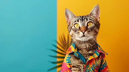 Wall Mural - A cute cat with yellow eyes and shirt isolated on colorful background