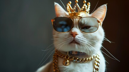 Wall Mural - a cute white king cat wearing a golden crown a gold chain around his neck and dark glasses sits