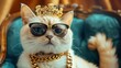 © Emma - a cute white king cat wearing a golden crown a gold chain around his neck and dark glasses sits