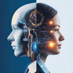 Wall Mural - Human and AI merging together in a digital world.