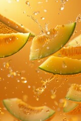 Poster - A bunch of sliced melons are being splashed with water. AI.