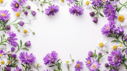 Poster - Violet asters and chamomile on white background in floral frame Top view with copy space