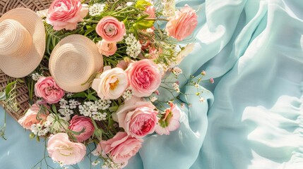 Canvas Print - Fresh floral summer arrangement in pastel pink hues on sunbed top view