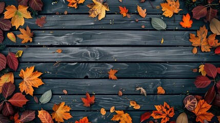 Wall Mural - Vibrant autumn leaves backdrop with nature theme Outdoor setting with foliage in fall colors Top view with space for text