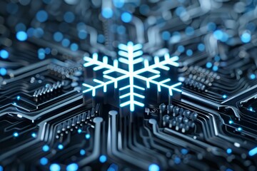 a glowing snowflake icon on a circuit board, representing technology and winter.