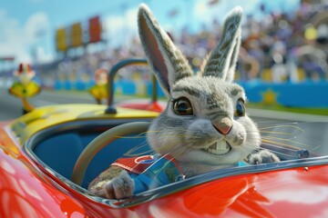 Poster - A cartoon rabbit is driving a race car