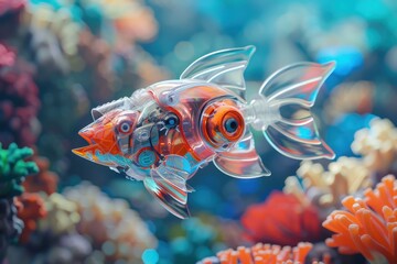 Canvas Print - A robot fish swimming in a coral reef