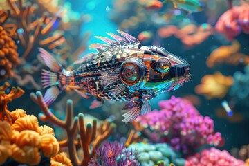 Canvas Print - A robot fish swimming in a coral reef