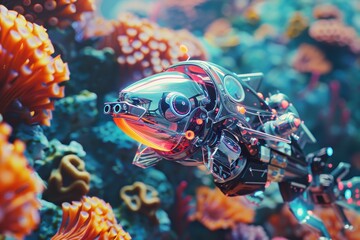 Canvas Print - A robot fish swimming in a coral reef