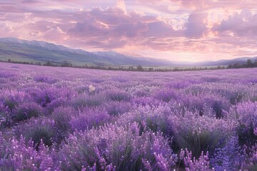 Wall Mural - purple cartoon style mountains with colorful flower field landscape landscape, spring meadow with flowers blossom with sky in nature background