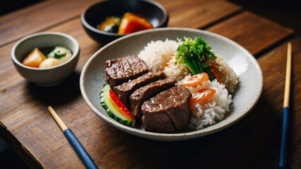 japanese cuisine pork and rice, spaghetti with shrimp. Delicious homemade fried rice sprinkled with shallots and a little green vegetables, Bowl with tasty rice and vegetables on wooden background, t
