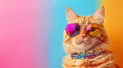 Sticker - Big red cat in sunglasses and a chain around his neck isolated on colorful background