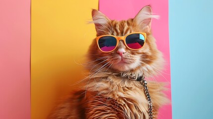 Wall Mural - Big red cat in sunglasses and a chain around his neck isolated on colorful background