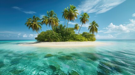 Wall Mural - Deserted island with white sandy beaches, turquoise waters, and lush palm trees, copy space, ideal for tropical paradise and adventure themes.