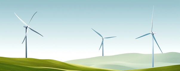 Wind turbines on a hill, clear sky, flat design illustration