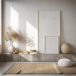 © Nadya - Aesthetic minimalist room interior design. Mockup picture frames. Mock up poster on the walls. Copy space. Clean scandi apartment for decoration. Neutral colors. Modern style.