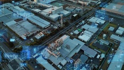 Aufkleber - Composited image of drone aerial view of modern industrial area and digital technology concept.