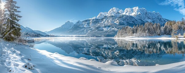 Snowy mountains mirrored in a serene lake, evergreen trees on the shore, bright winter day, isolated background for seasonal and holiday themes, copy space.