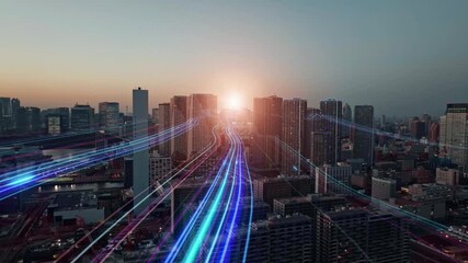 Aufkleber - Composited image of drone aerial view of modern city and a path of light leading to the future.