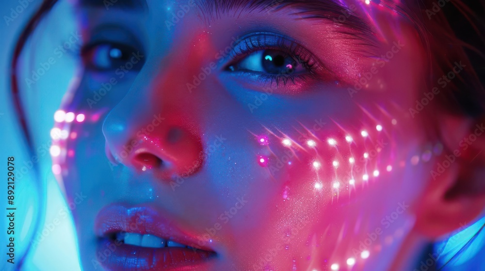 Close-up portrait of a woman with glowing light patterns on her face ...