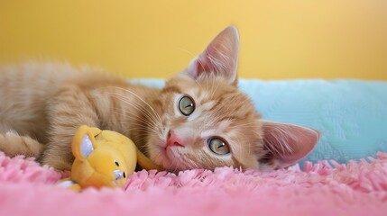 Wall Mural - Cat hugs a little toy bunny Kitten lies on pretty with big green eyes isolated on colorful background