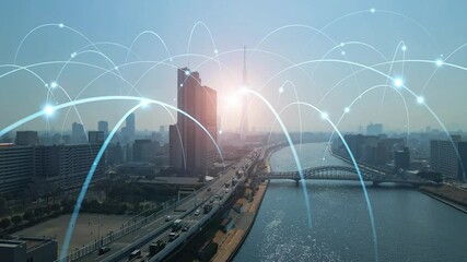 Poster - Composited image of drone aerial view of modern city and communication network concept.