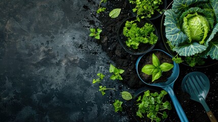 Wall Mural - Cabbage and herb seedlings in containers on blue shovel and black soil background gardening theme empty space