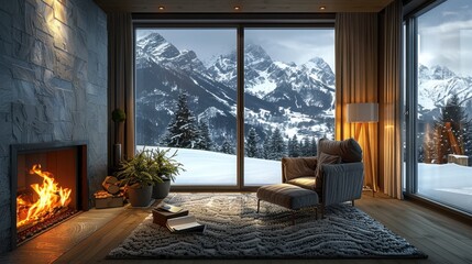 Cozy hotel room with a fireplace, comfortable armchair, and a large window with scenic views, copy space, perfect for winter and relaxation themes.