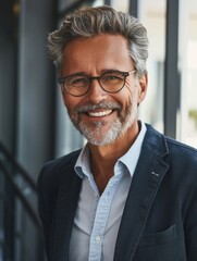 Wall Mural - portrait of successful senior businessman consultant looking at camera and smiling inside modern office building