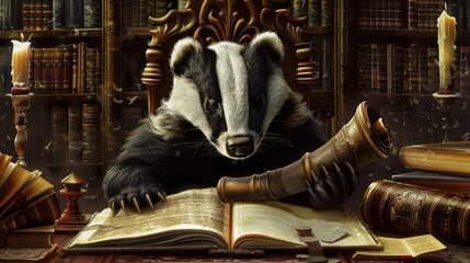 badger as a historian, with books and a scroll, on an antique library backdrop