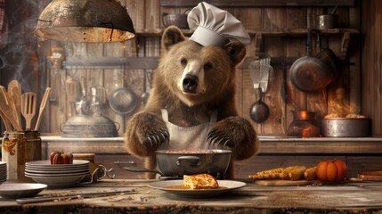 Wall Mural - bear as a cook, with a chef's hat and rustic kitchen backdrop