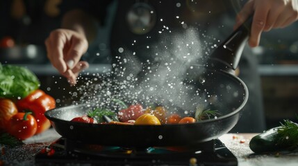 Cooking fresh vegetables The chef adds salt to a steaming hot pan Grande cuisine idea for a hotel with advertising space : Generative AI