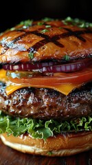 Close-up of a delicious cheeseburger with fresh lettuce, tomato, red onion, beef patty, and a grilled bun, perfect for food photography.