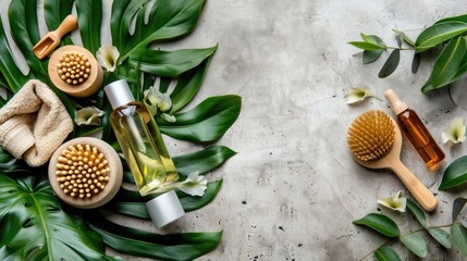 Canvas Print - Spa products arrangement with green leaves body oil cream towel massage brush Beauty and wellness theme Flat lay with space for text