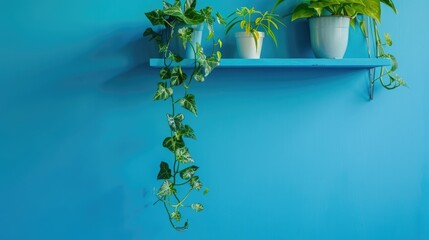 Canvas Print - Houseplant hanging on blue wall shelf