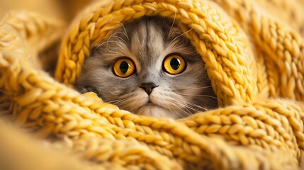 Sticker - Cute beautiful cat scottish fold stuck her head out of the yellow yarn of wool and looks with excitement