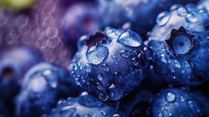 Poster - Macro close up of water droplets on fresh ripe blueberries with copy space Vegan and vegetarian theme