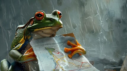 Wall Mural - frog as a meteorologist, with a weather map against a stormy gray backdrop