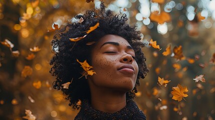 Wall Mural - Black woman in the falling leaves park, autumn concept 