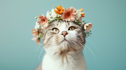 Wall Mural - cute tabby white british shorthair cat wearing crown made of flowers on it's head