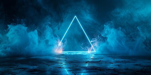 Wall Mural - Neon blue geometric triangle on a dark background, creating a mystical portal with futuristic smoke. Perfect mockup for your logo.