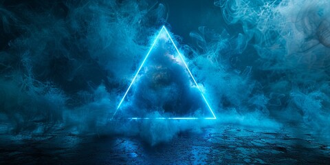 Wall Mural - Neon blue geometric triangle on a dark background, creating a mystical portal with futuristic smoke. Perfect mockup for your logo.