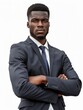 © Business Pics - Business man portrait isolated on white transparent background, Afro businessman in suit, crossed arms, PNG